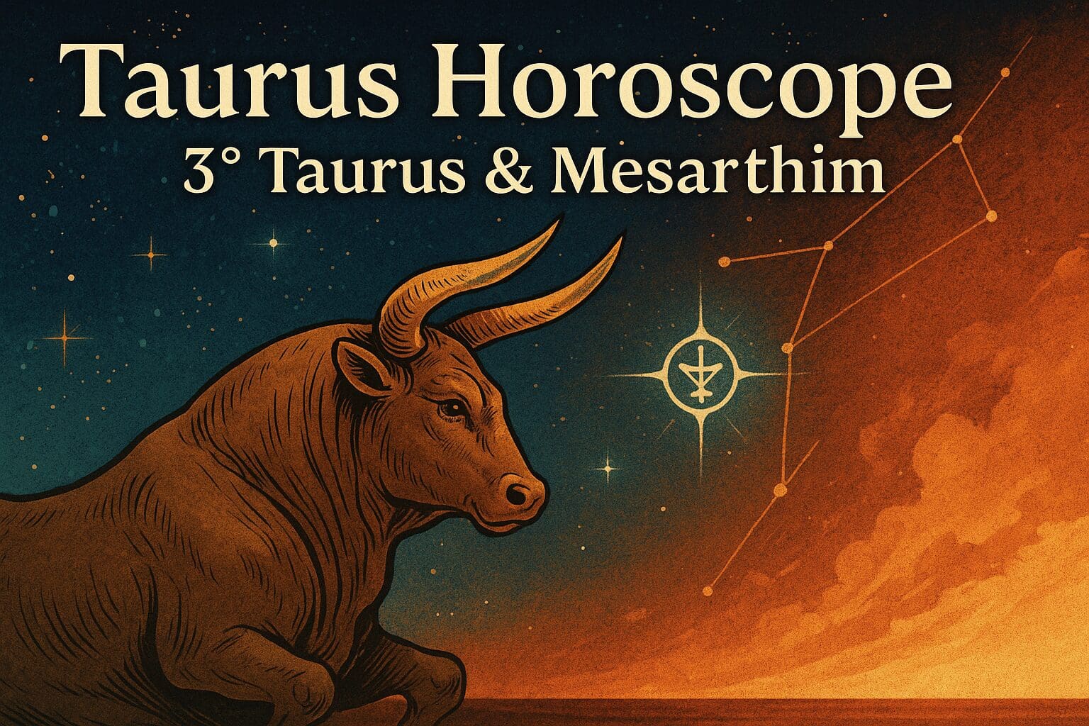 Illustration of a Taurus bull under a starry sky, with the Aries constellation in view and the glowing fixed star Mesarthim highlighted—symbolizing the influence of 3° Taurus in astrology.  For Our Taurus horoscope