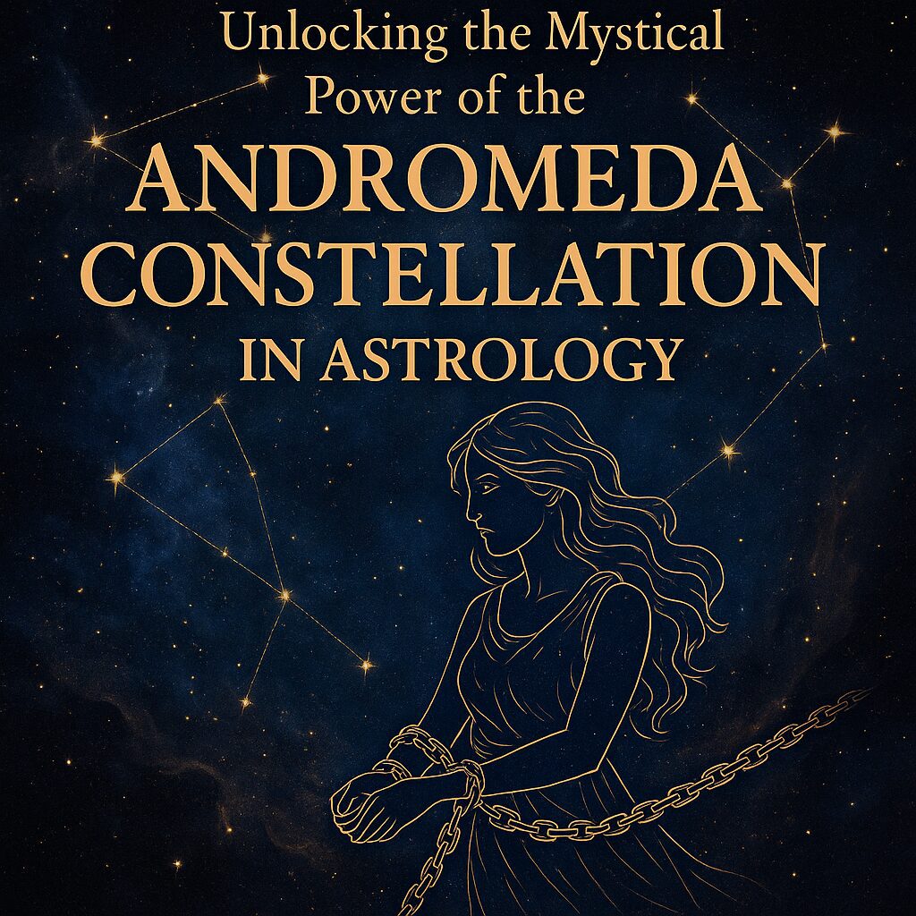 Digital illustration of the Andromeda Constellation in cosmic astrology artwork, representing the chained woman in myth and spiritual symbolism.