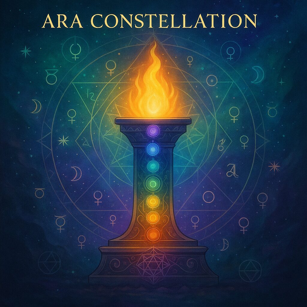 A digital illustration of the Ara constellation showing the Altar blazing in the southern sky, surrounded by Sagittarius and Scorpius