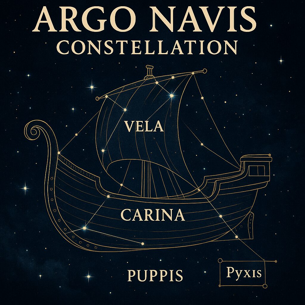 A digital illustration of the Argo Navis constellation, depicting the mythological ship of the Argonauts with symbolic overlays of Carina, Puppis, and Vela.