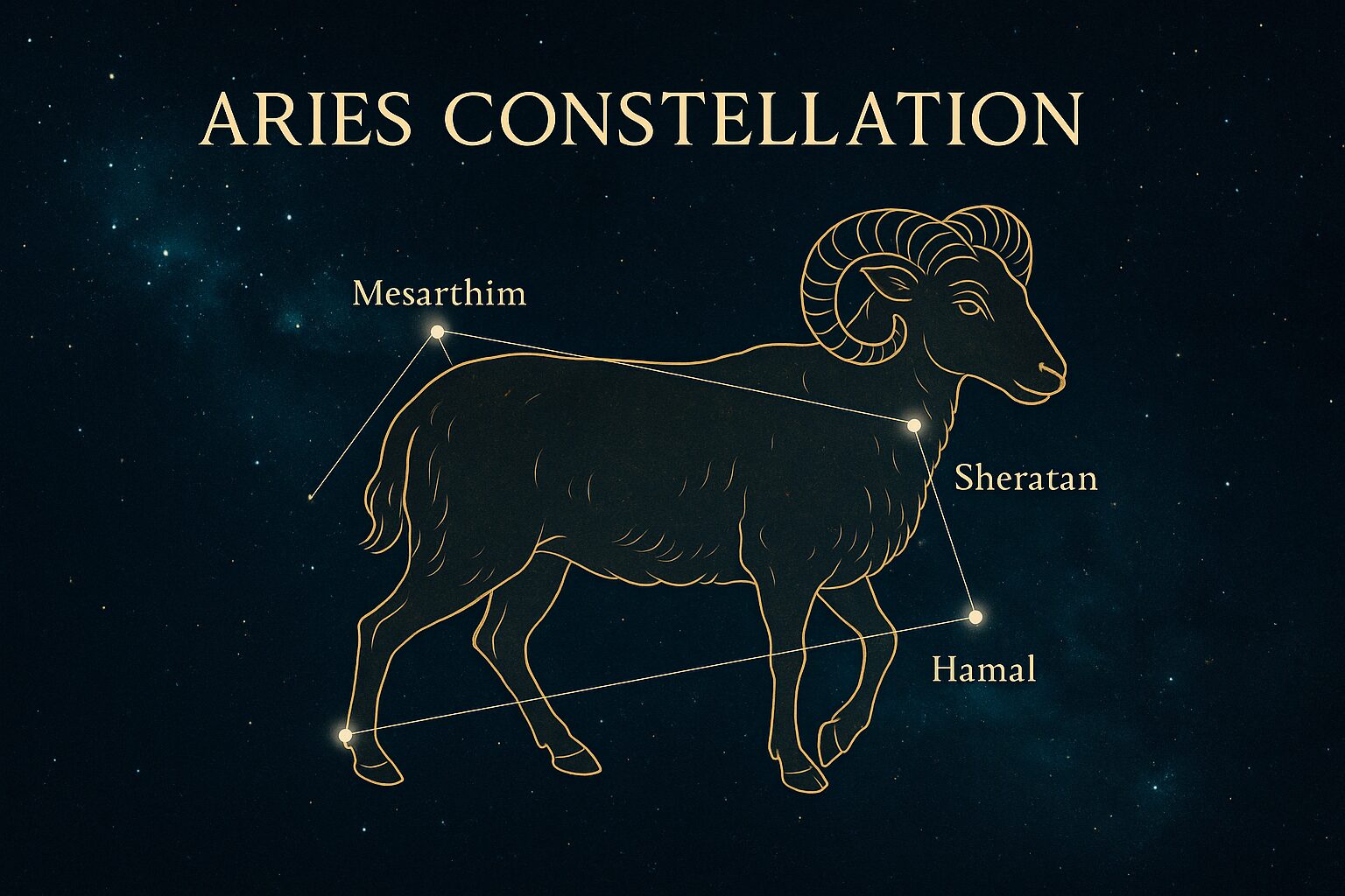 A detailed educational illustration of the Aries Constellation, showing its stars and symbolic ram figure against a cosmic backdrop.