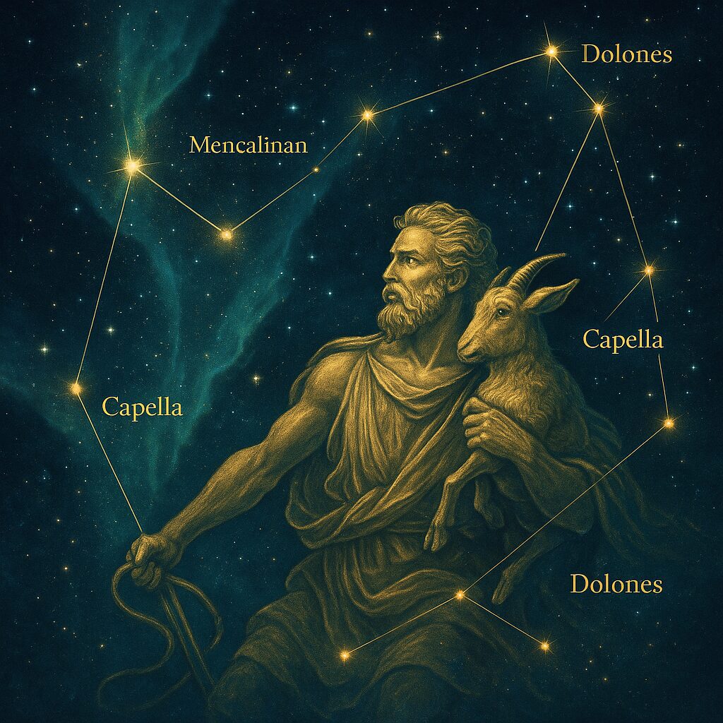A celestial illustration of the Auriga constellation featuring Capella, star paths, and mythological charioteer imagery glowing in the northern night sky.