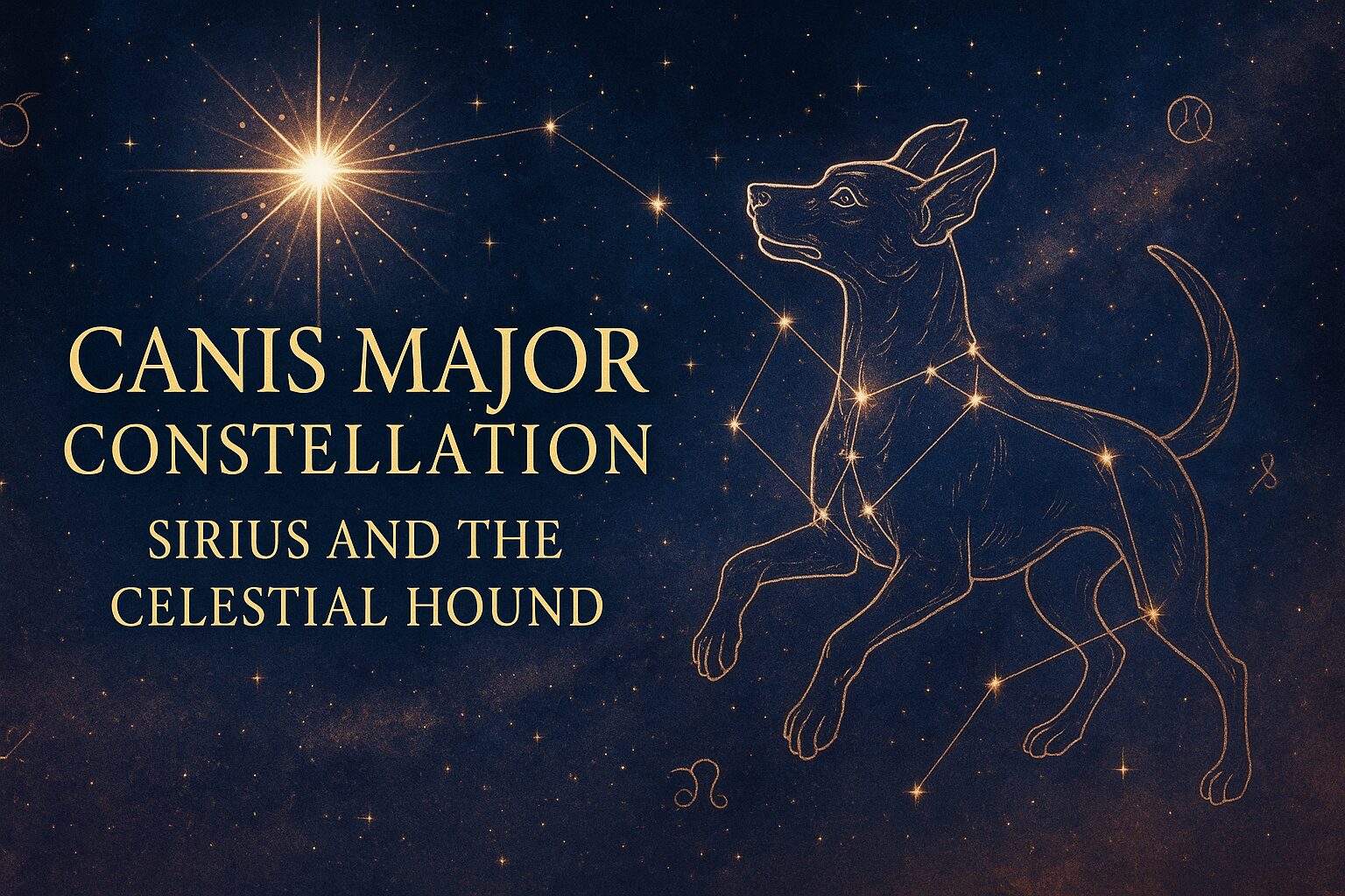 A celestial banner image depicting the Canis Major constellation in glowing indigo and rose-gold tones. Sirius is the brightest star, radiating divine light from the center. Include mythological dog symbolism, magical realism aesthetics, subtle zodiac glyphs, and a star-streaked Milky Way background. Title text reads: 'Canis Major Constellation: Sirius and the Celestial Hound'