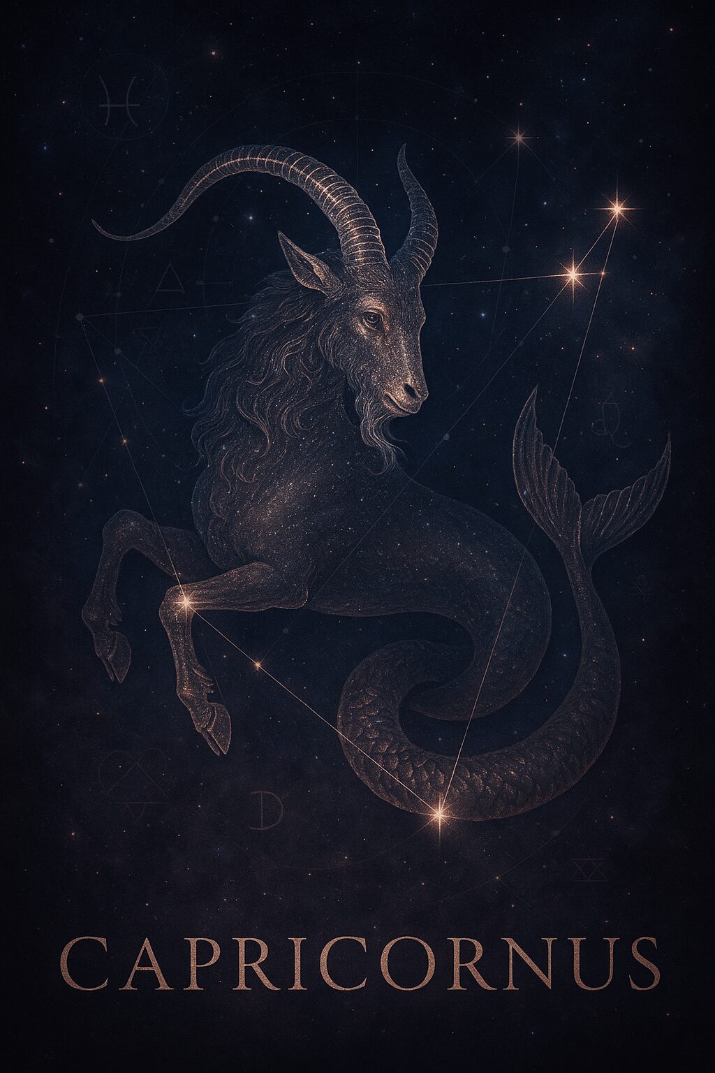 Celestial digital artwork of the Capricornus constellation as a Sea-Goat—symbolizing cosmic sacrifice, spiritual legacy, and winter rebirth.