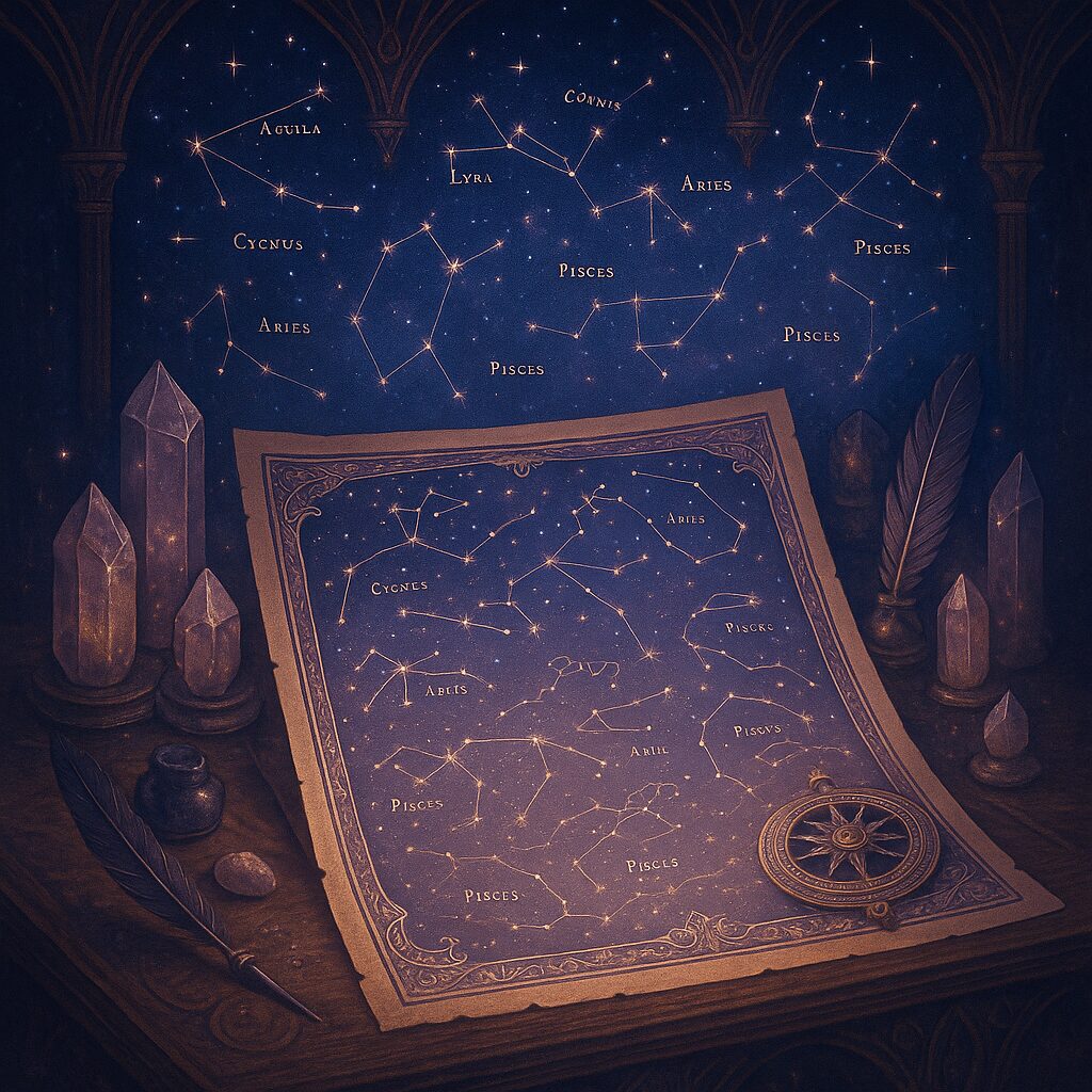 constellation codex A celestial parchment displaying constellations and fixed stars, glowing on a mystical altar under an indigo sky.