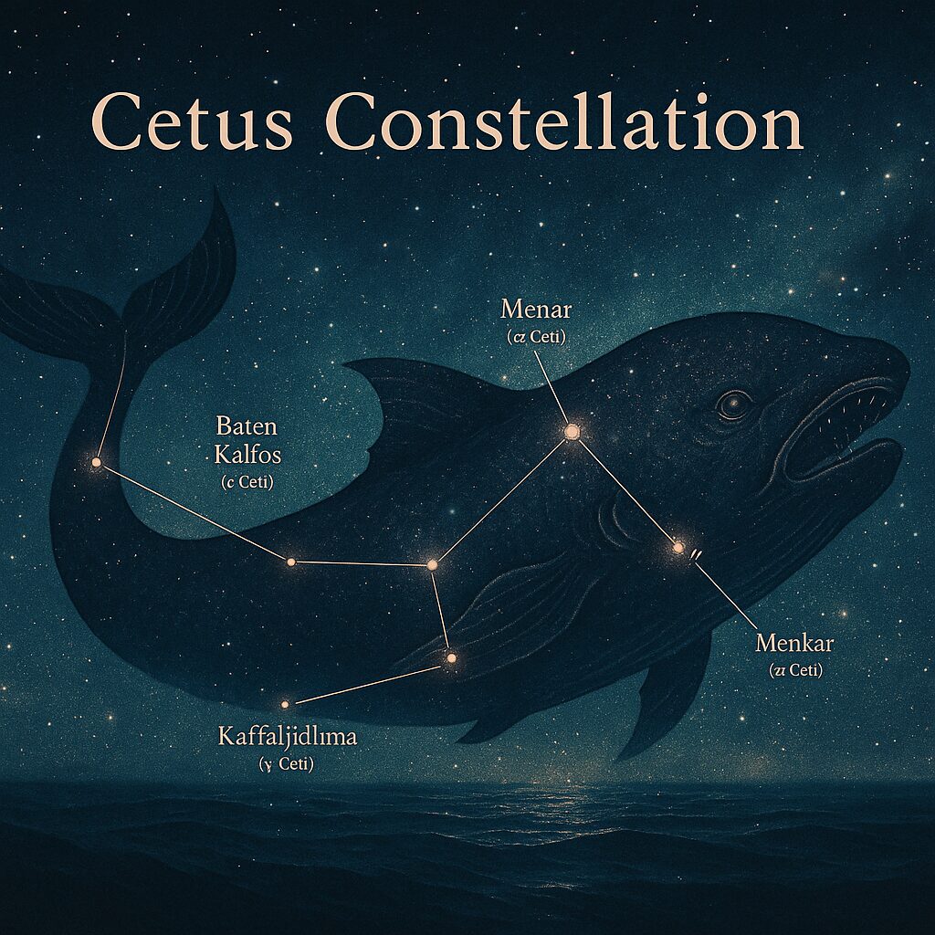 cetus seo Celestial banner of the Cetus constellation: a rose-gold star map over a mythic sea-monster silhouette with key stars (Deneb Kaitos, Menkar, Mira, Baten Kaitos, Kaffaljidhma) and the M77 galaxy glowing in an indigo sky.
